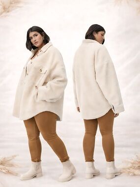 Good American Faux Shearling Teddy Coat Beige L/XL GA 3/4 Sherpa Jacket NWT